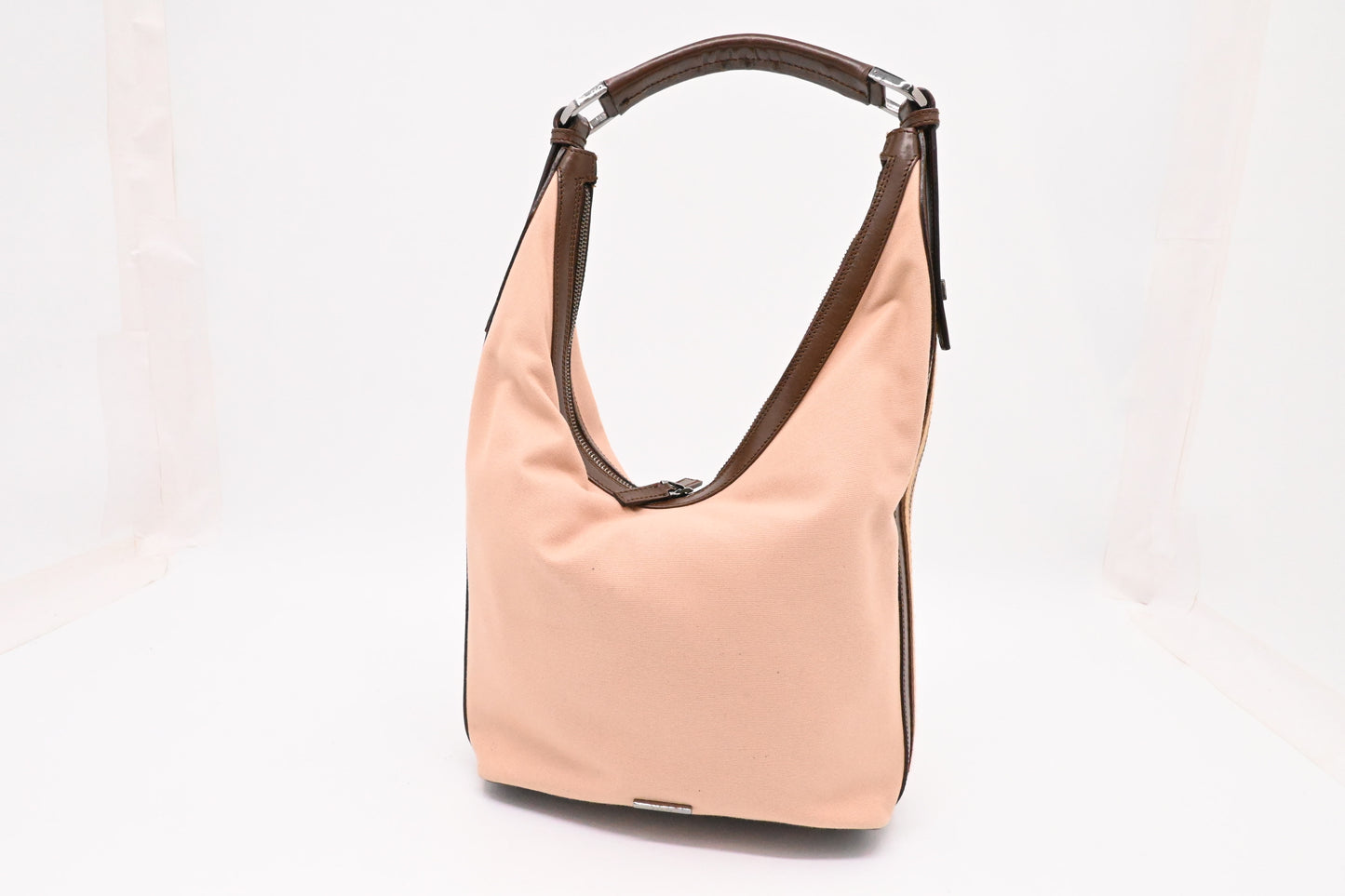 Gucci Small Hobo Bag in Pink Canvas and Brown Leather