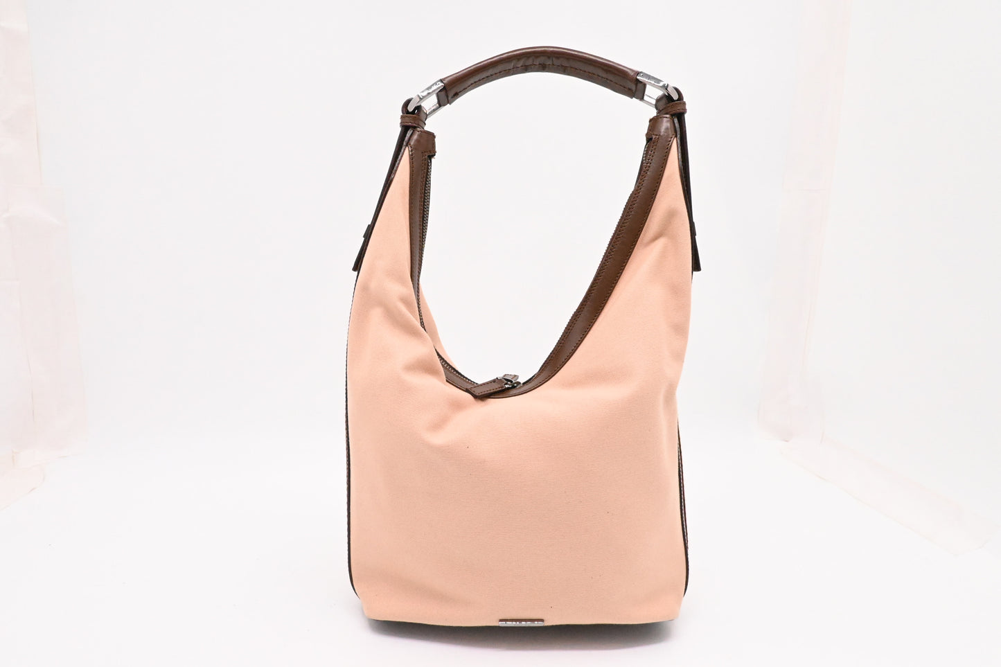 Gucci Small Hobo Bag in Pink Canvas and Brown Leather