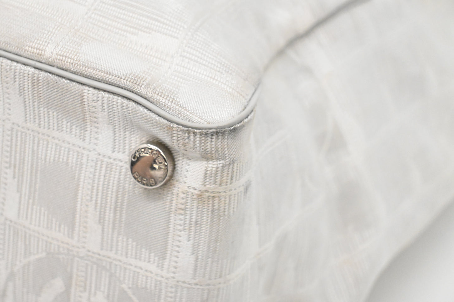 Chanel New Travel Line Shoulder Bag in Light Gray Canvas