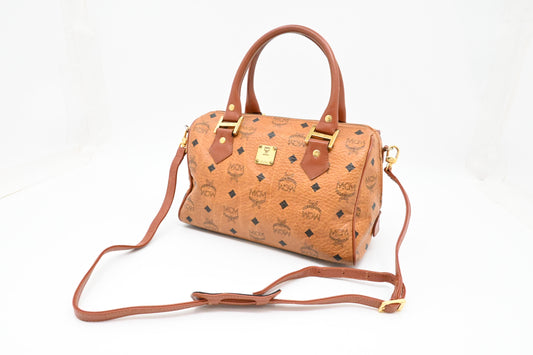 MCM Boston Bag in Cognac Visetos Canvas