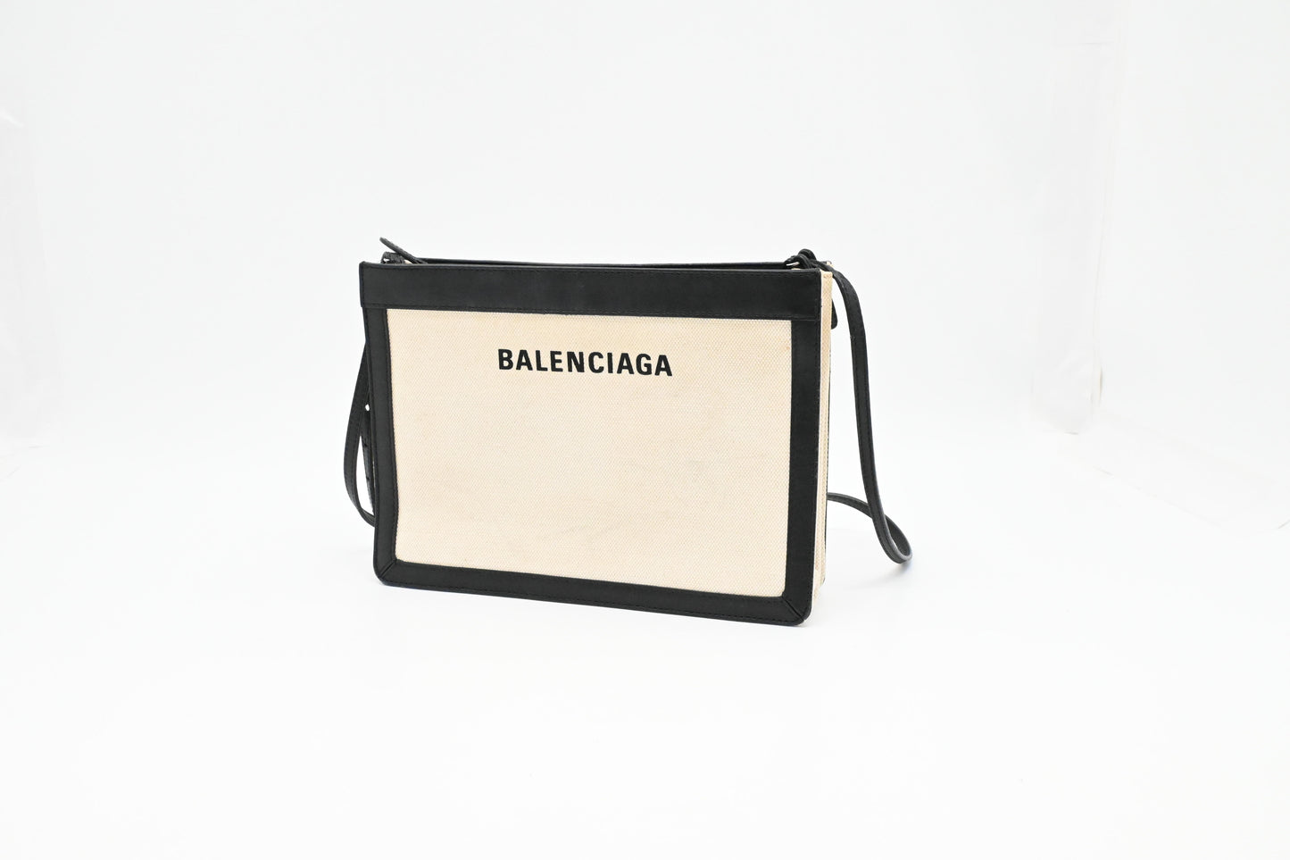 Balenciaga Navy Pochette Crossbody in Off White Canvas