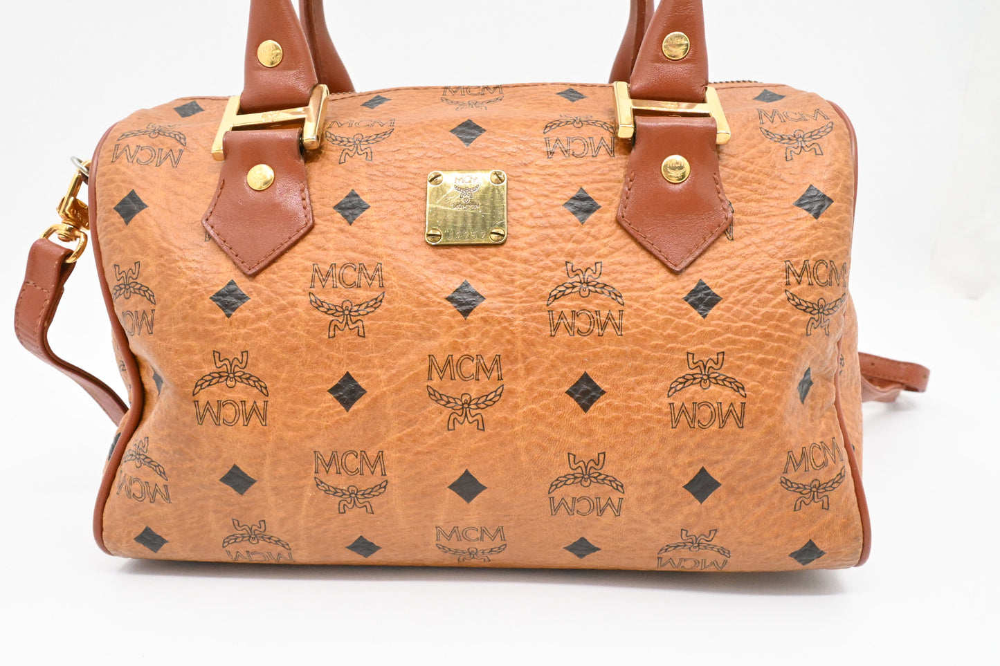 MCM Boston Bag in Cognac Visetos Canvas