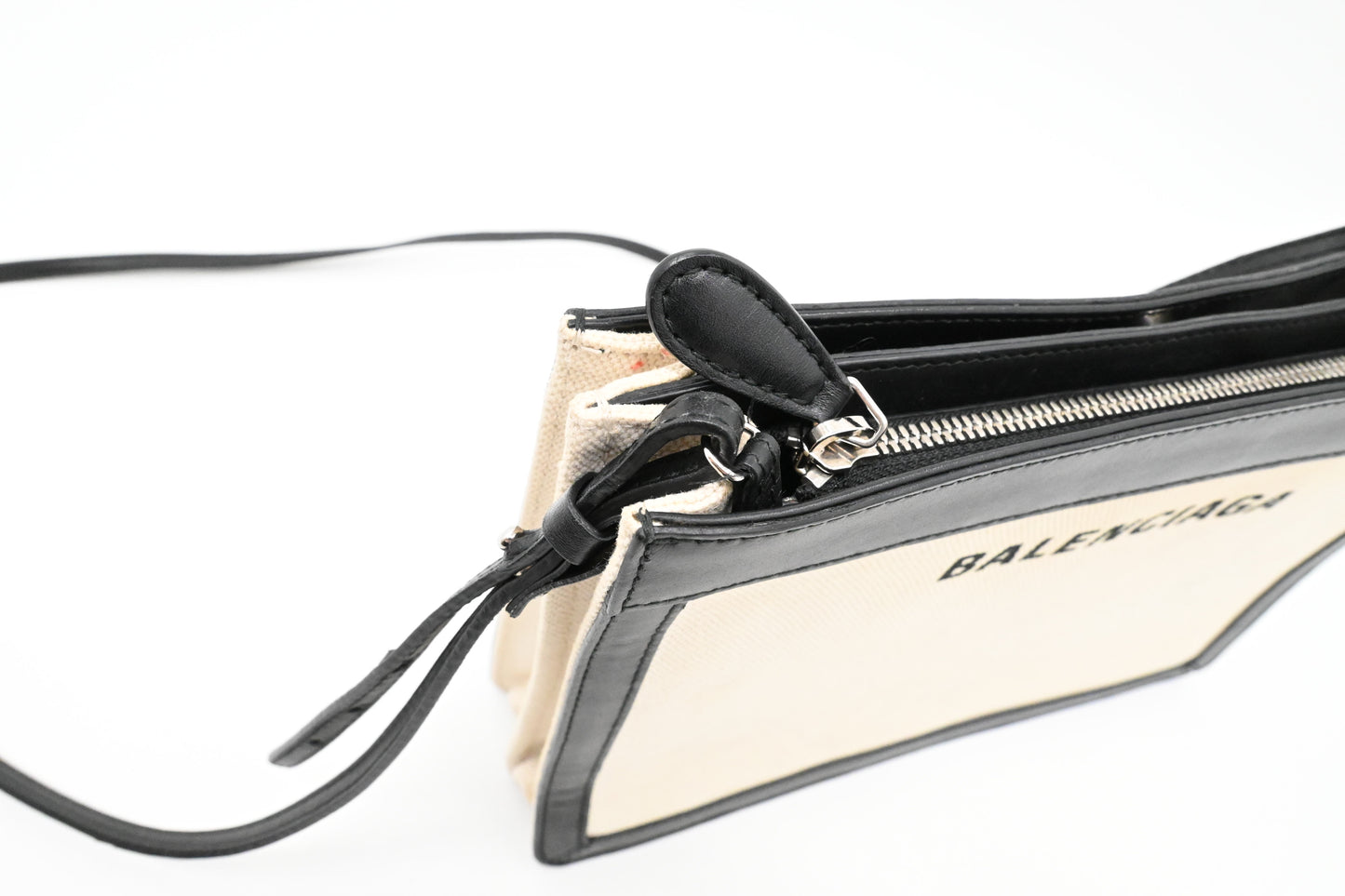 Balenciaga Navy Pochette Crossbody in Off White Canvas