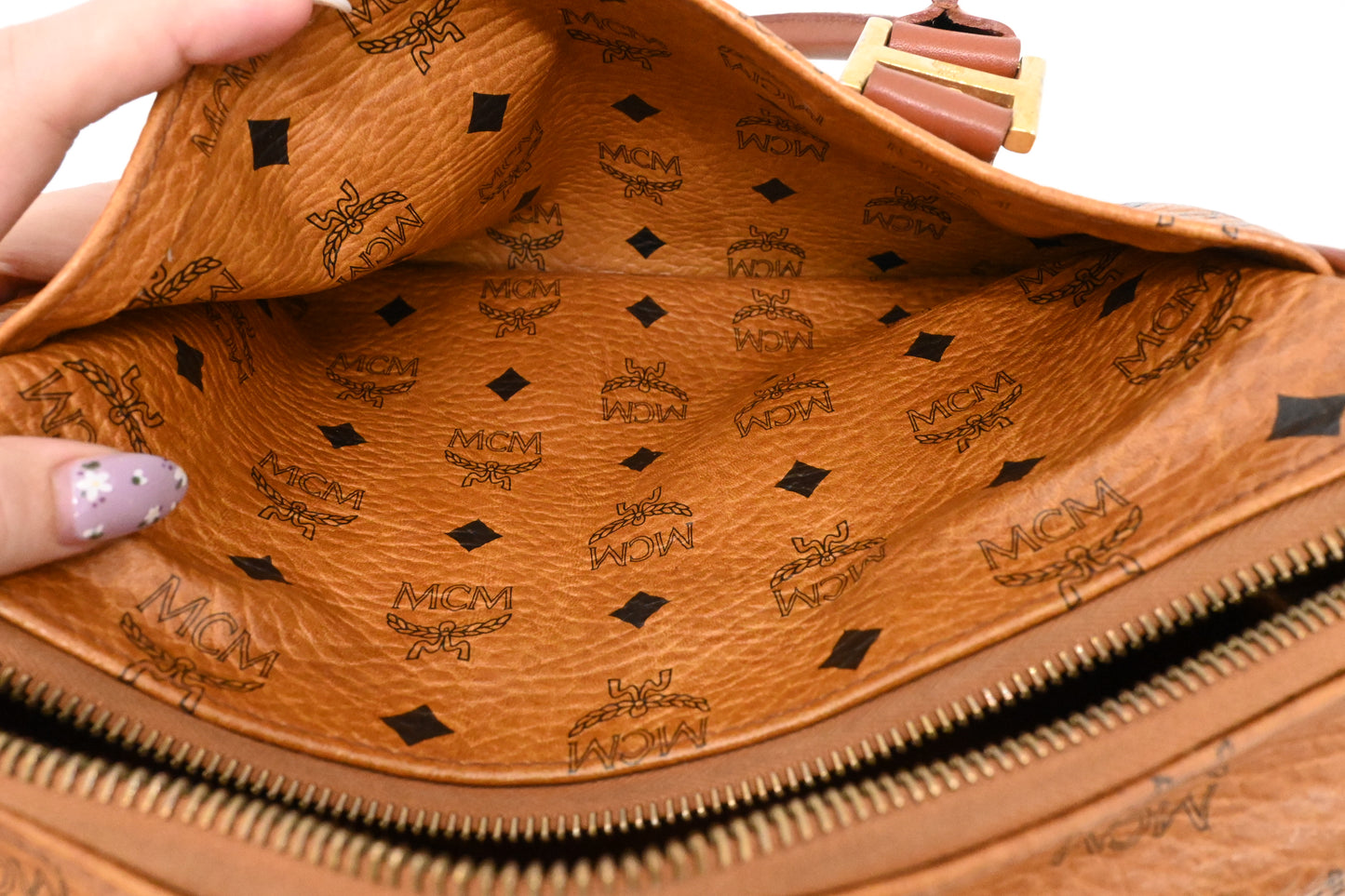 MCM Boston Bag in Cognac Visetos Canvas