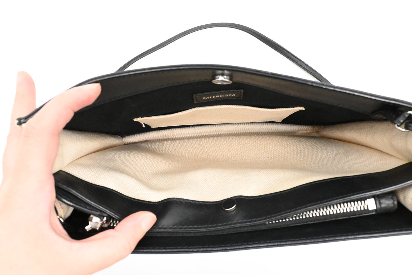 Balenciaga Navy Pochette Crossbody in Off White Canvas