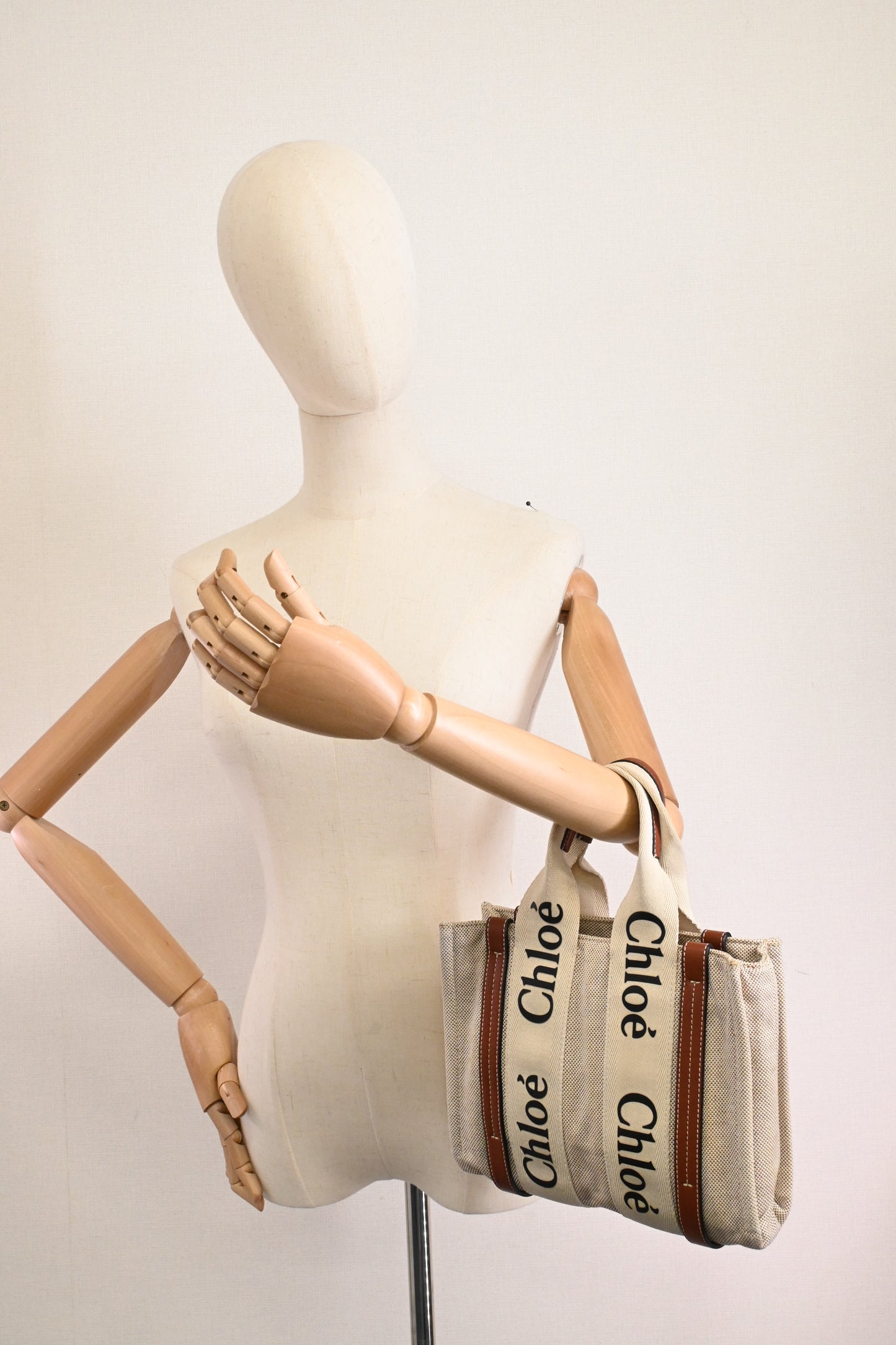 Chloe Small Woody Tote in Beige Canvas