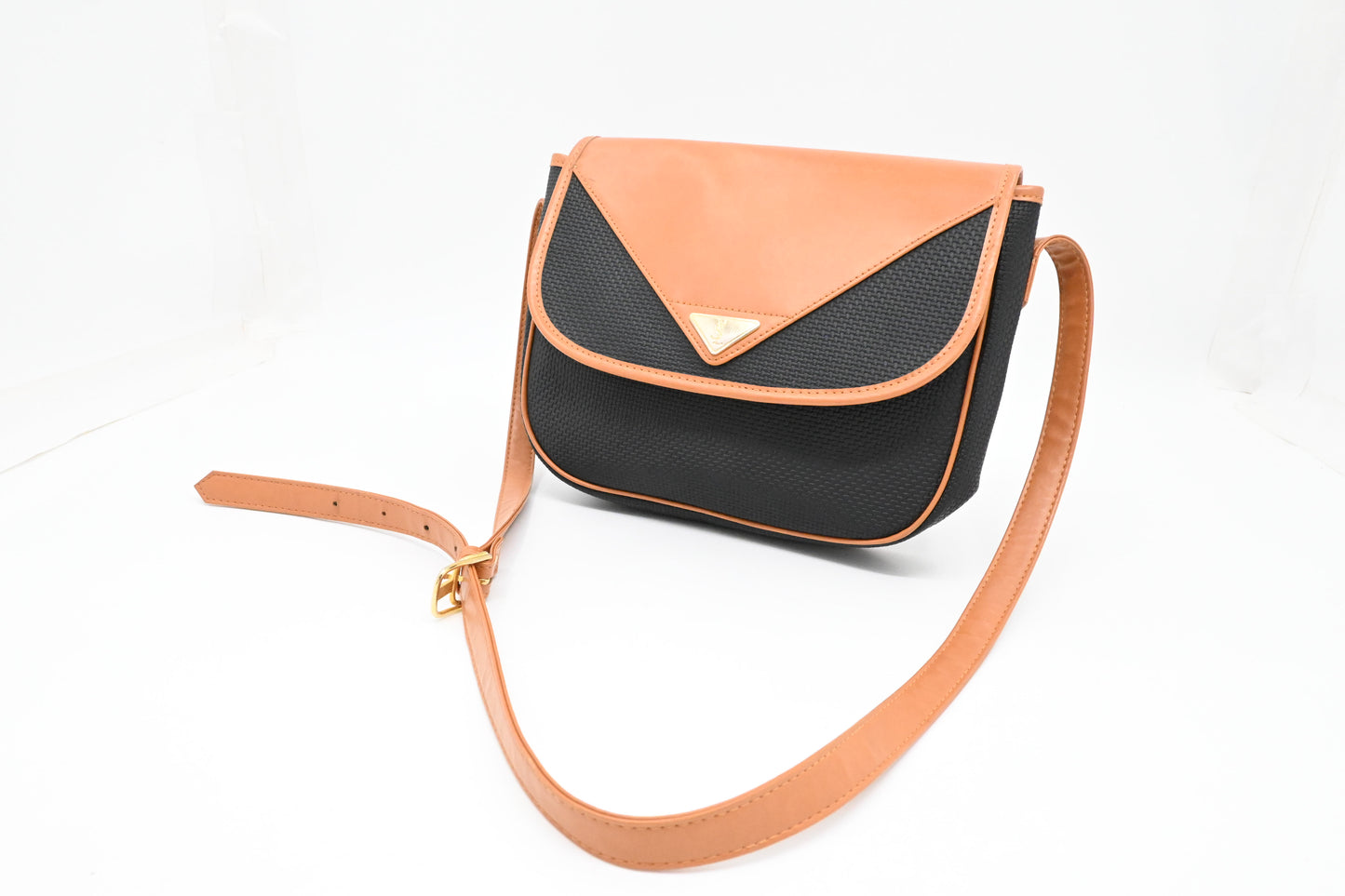 YSL Saint Laurent Crossbody Bag in Black Rubber Canvas and Brown Leather