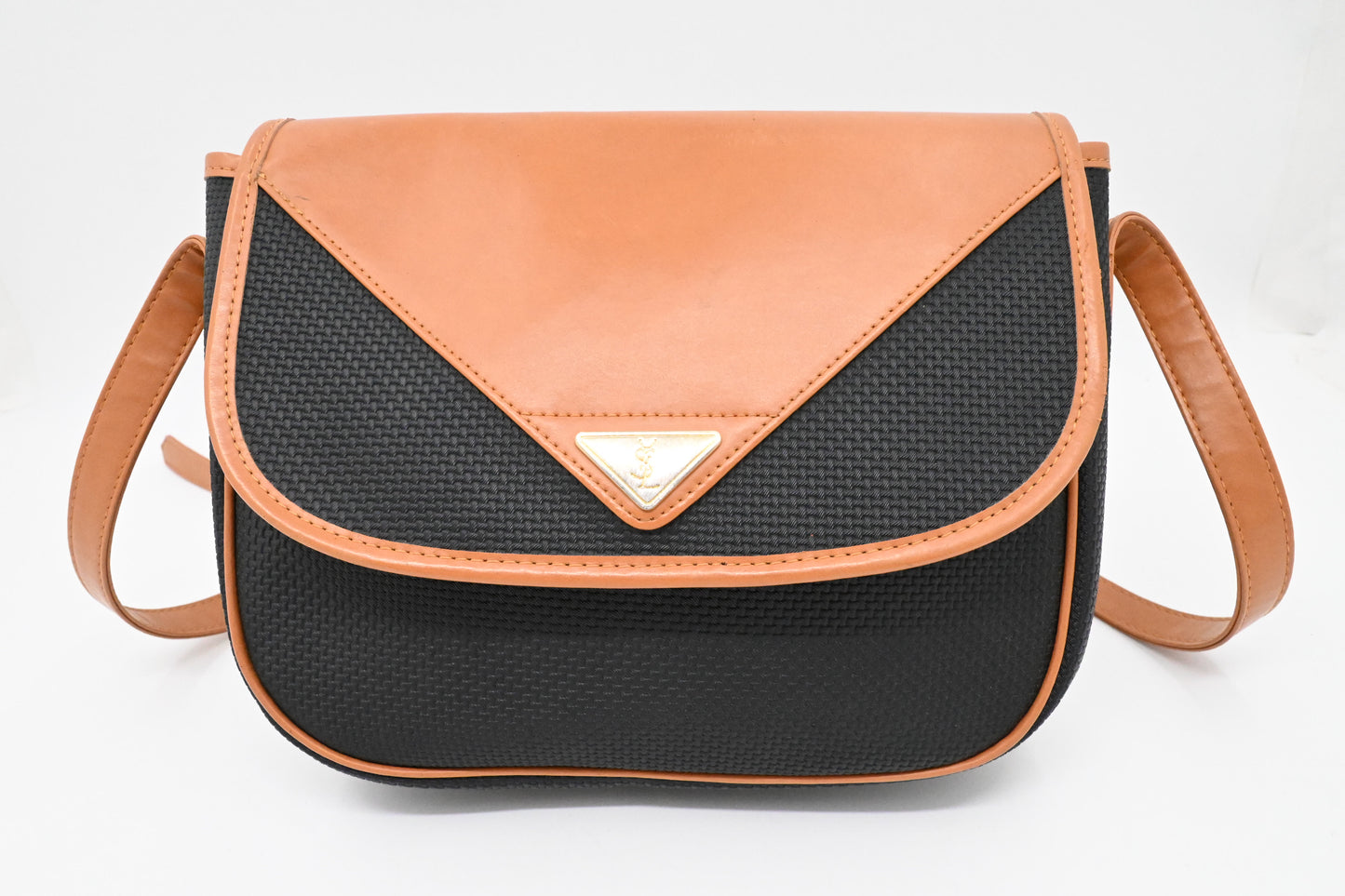 YSL Saint Laurent Crossbody Bag in Black Rubber Canvas and Brown Leather