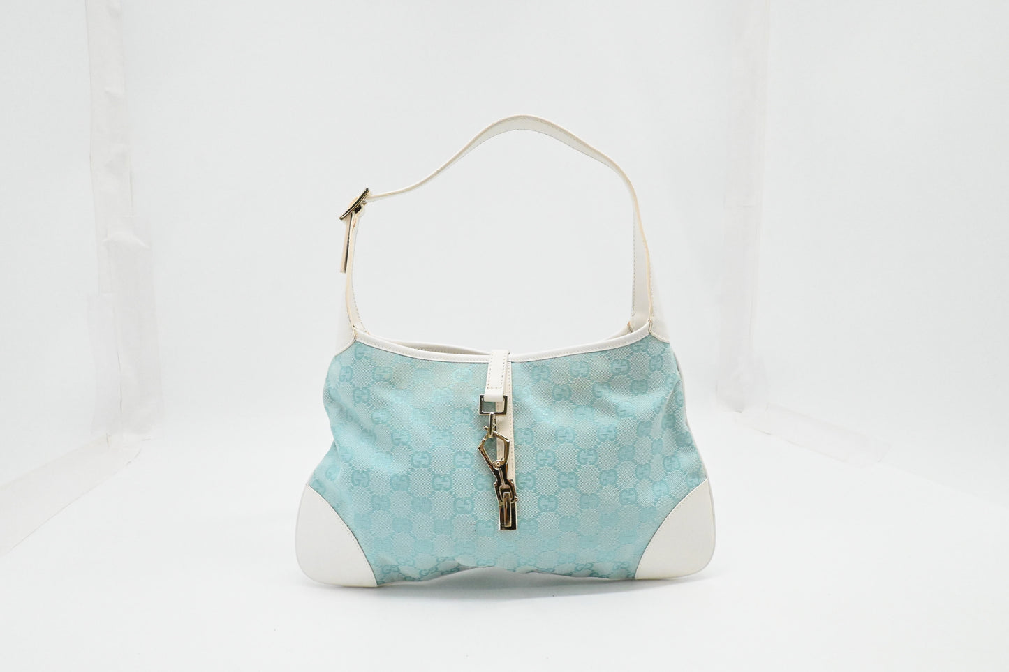 Gucci Jackie Shoulder Bag in Blue GG Canvas and White Leather