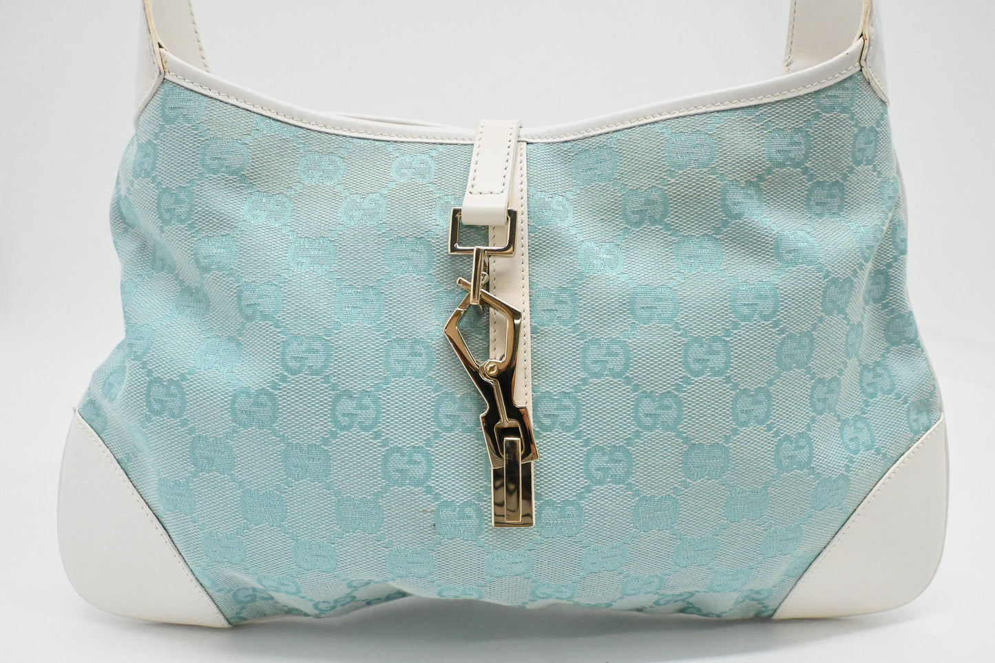 Gucci Jackie Shoulder Bag in Blue GG Canvas and White Leather