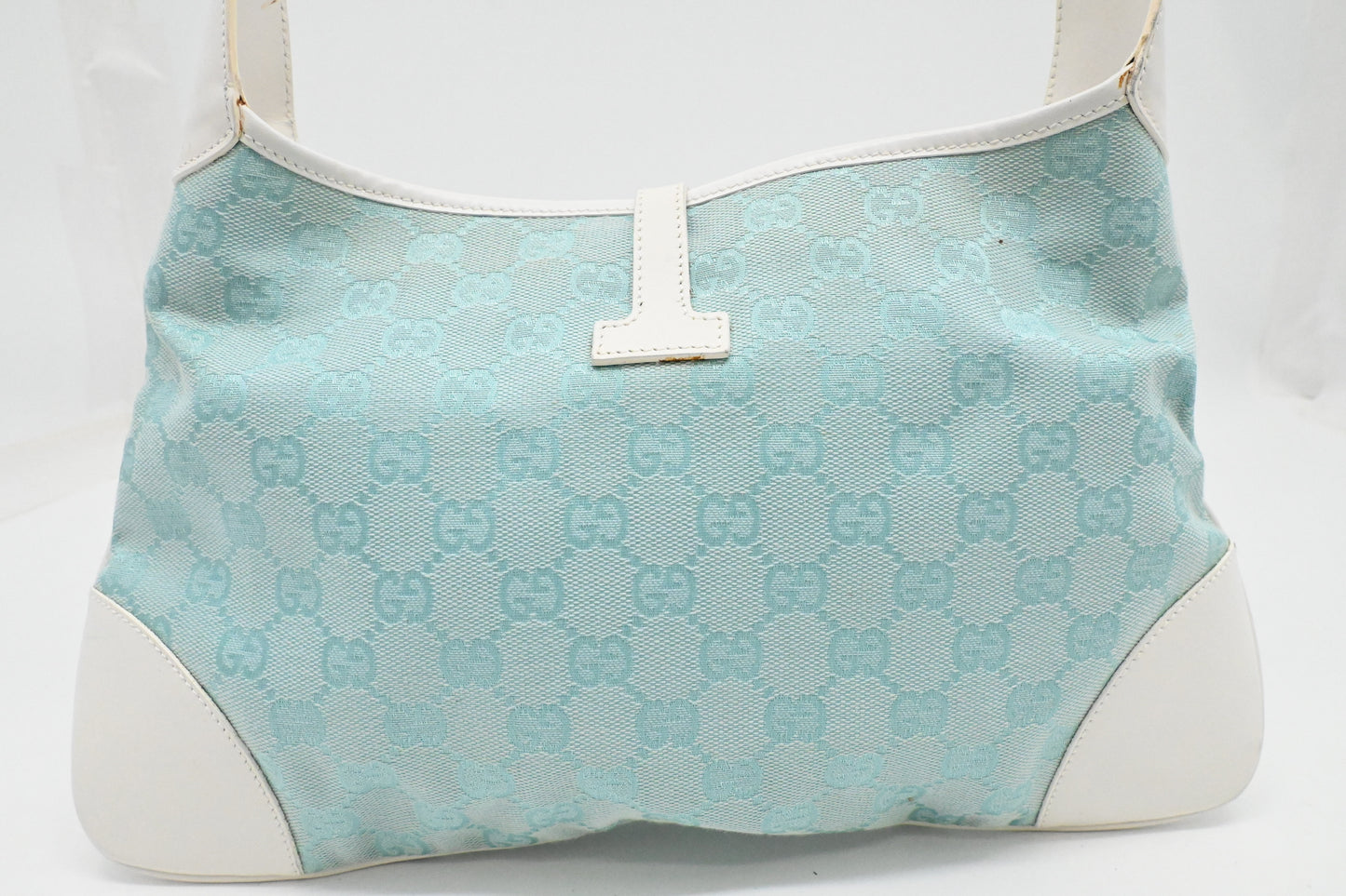 Gucci Jackie Shoulder Bag in Blue GG Canvas and White Leather