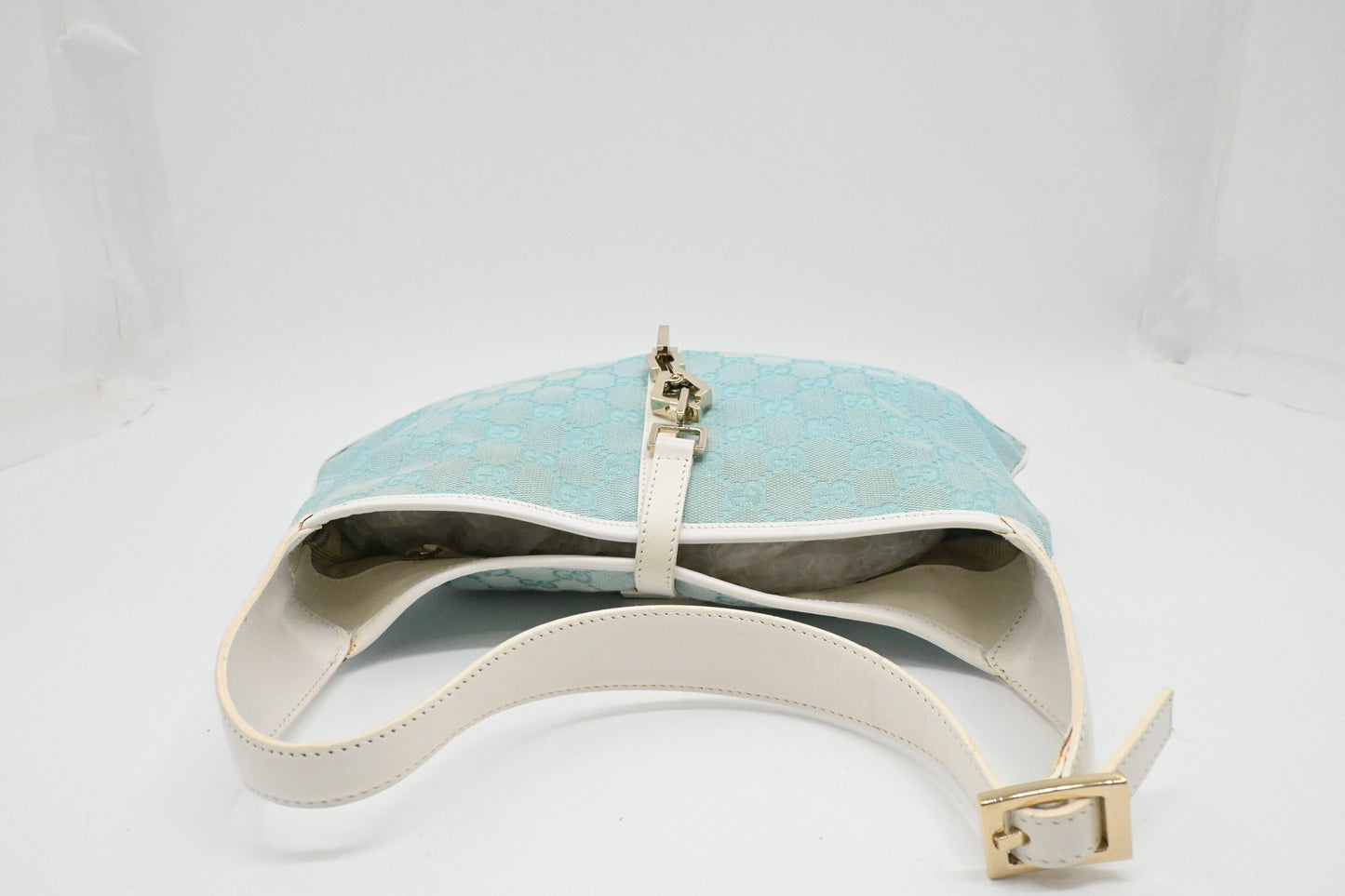 Gucci Jackie Shoulder Bag in Blue GG Canvas and White Leather