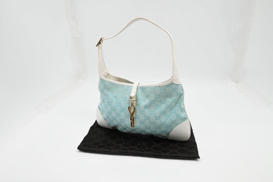 Gucci Jackie Shoulder Bag in Blue GG Canvas and White Leather