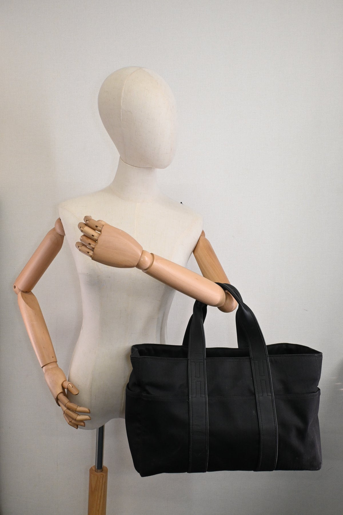 Hermes Acapulco PM Tote Bag in Black Toile Chevron Nylon Leather