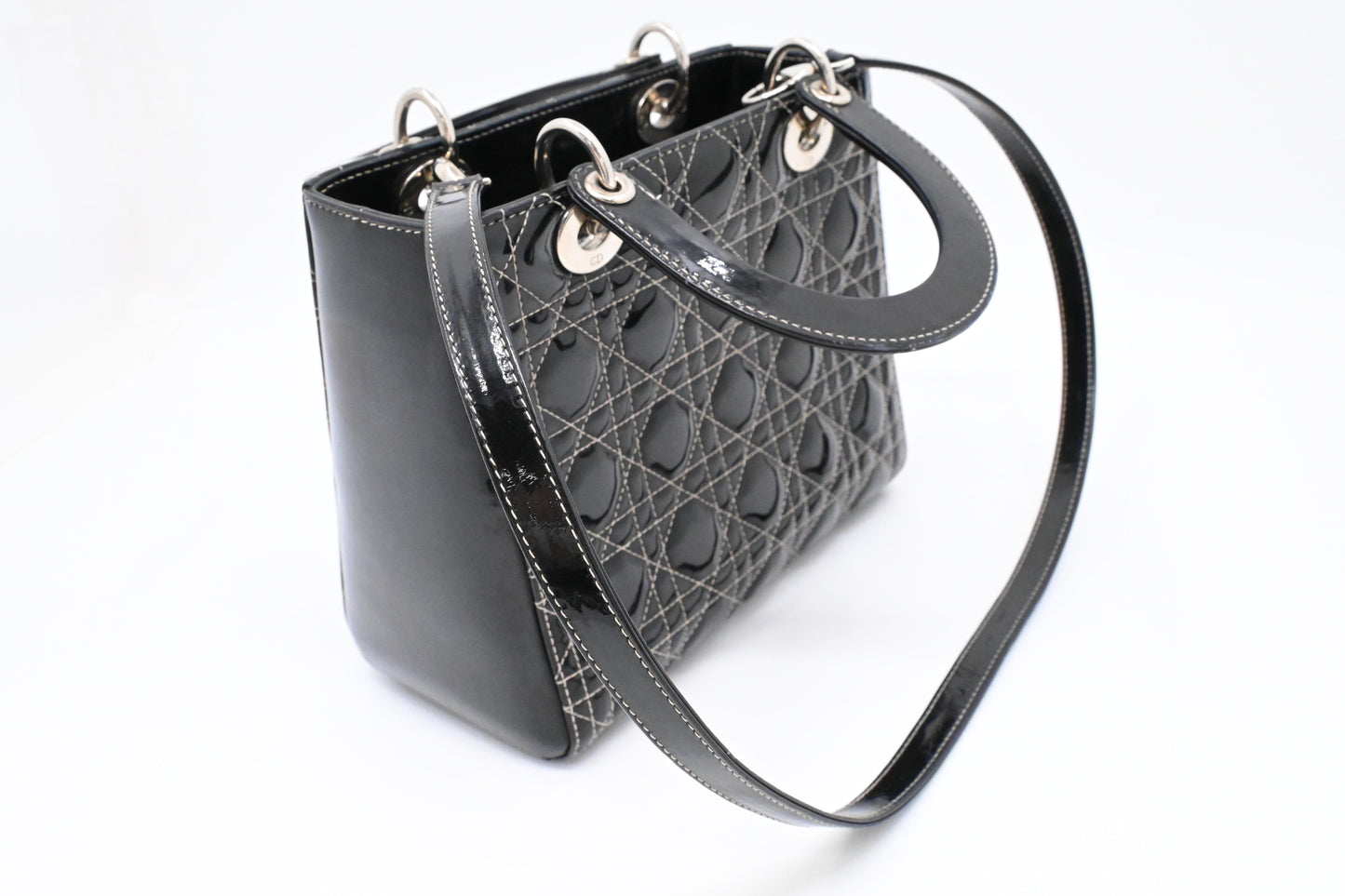 Dior Medium Lady D in Black Cannage Patent Leather
