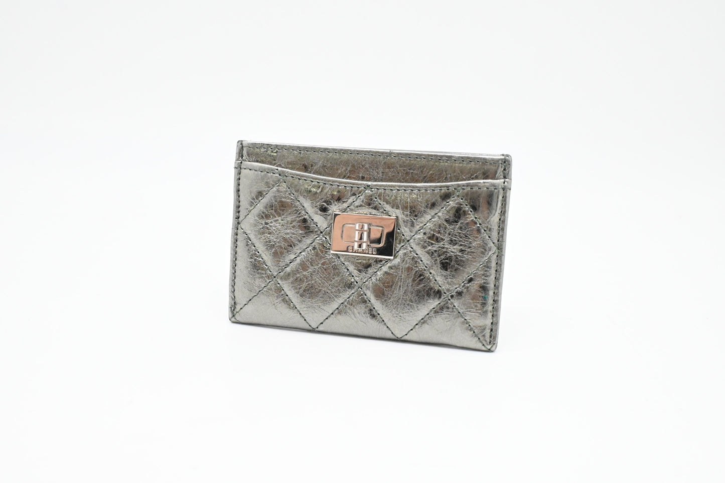 Chanel 2.55 Card Case in Light Green Metallic Leather