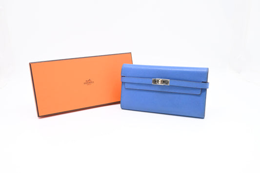 Hermes Kelly Wallet in Blue Leather