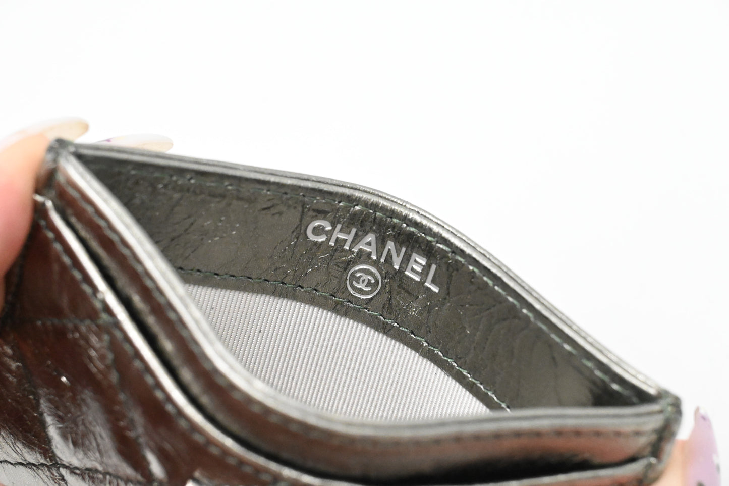 Chanel 2.55 Card Case in Light Green Metallic Leather