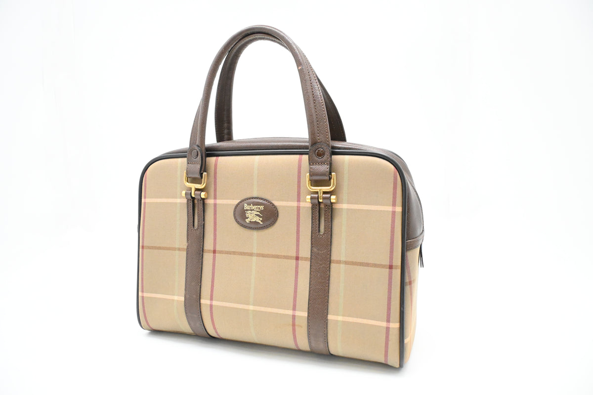 Burberry Boston Bag in Green Checked Canvas