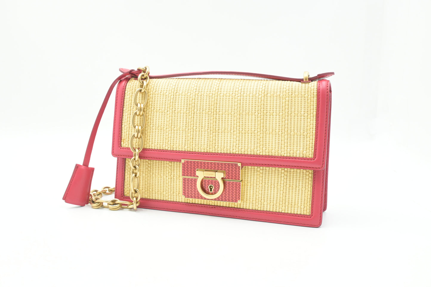 Ferragamo Shoulder Bag in Raffia and Red Leather