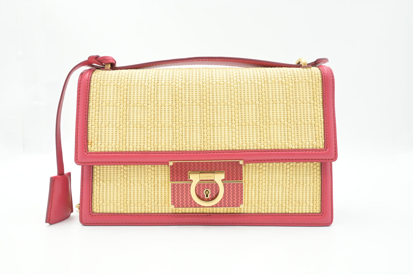 Ferragamo Shoulder Bag in Raffia and Red Leather