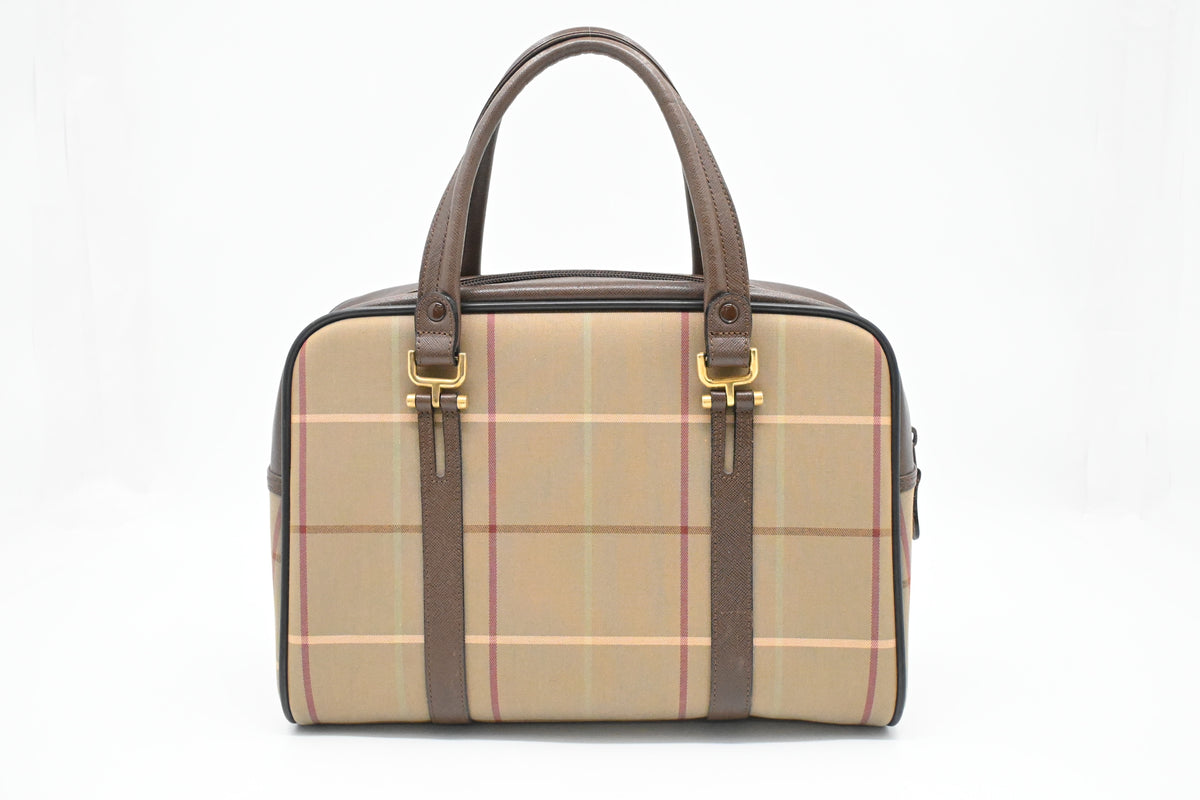 Burberry Boston Bag in Green Checked Canvas
