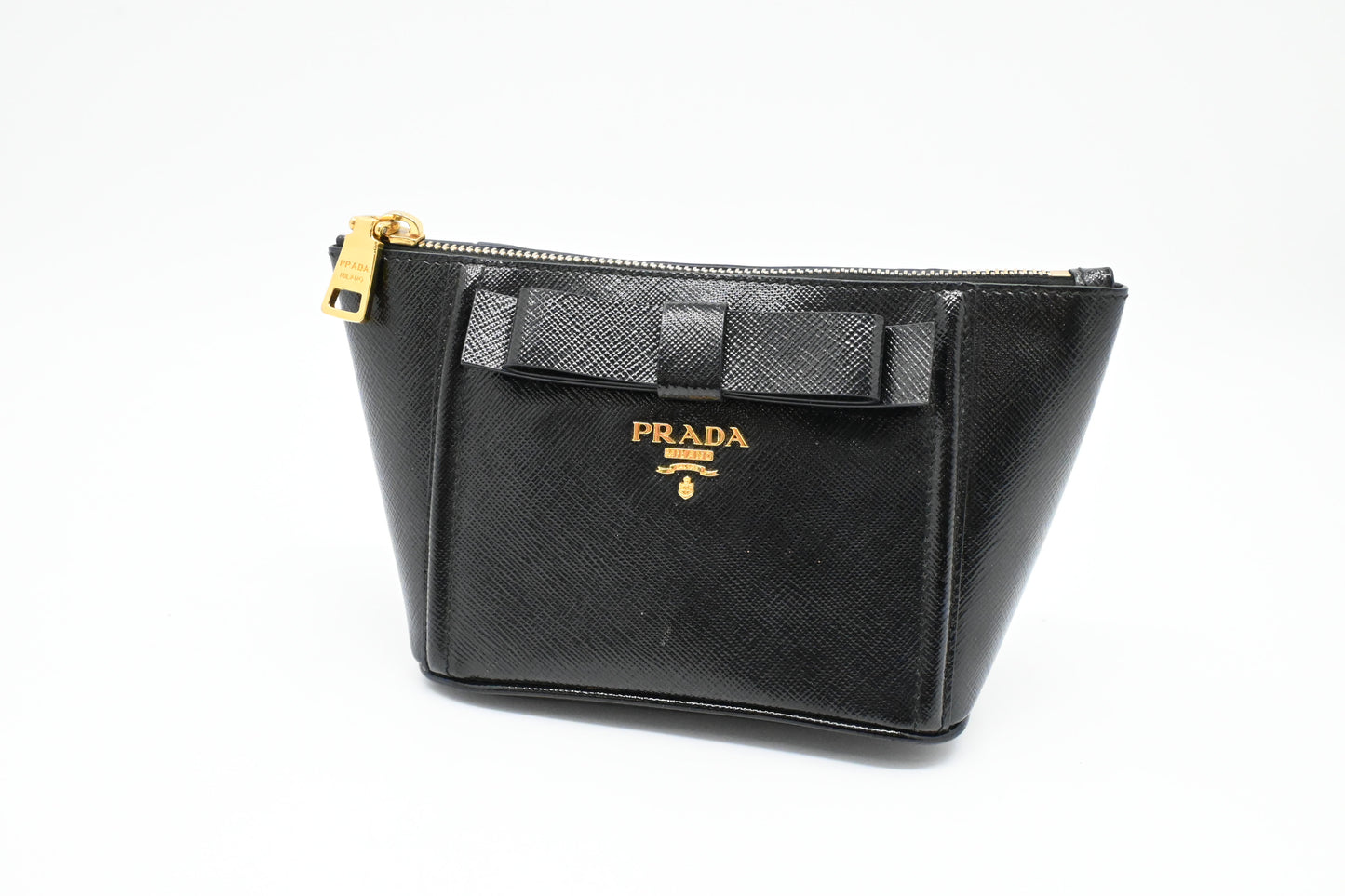 Prada Bow Pouch in Black Patent Saffiano Leather