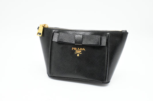 Prada Bow Pouch in Black Patent Saffiano Leather