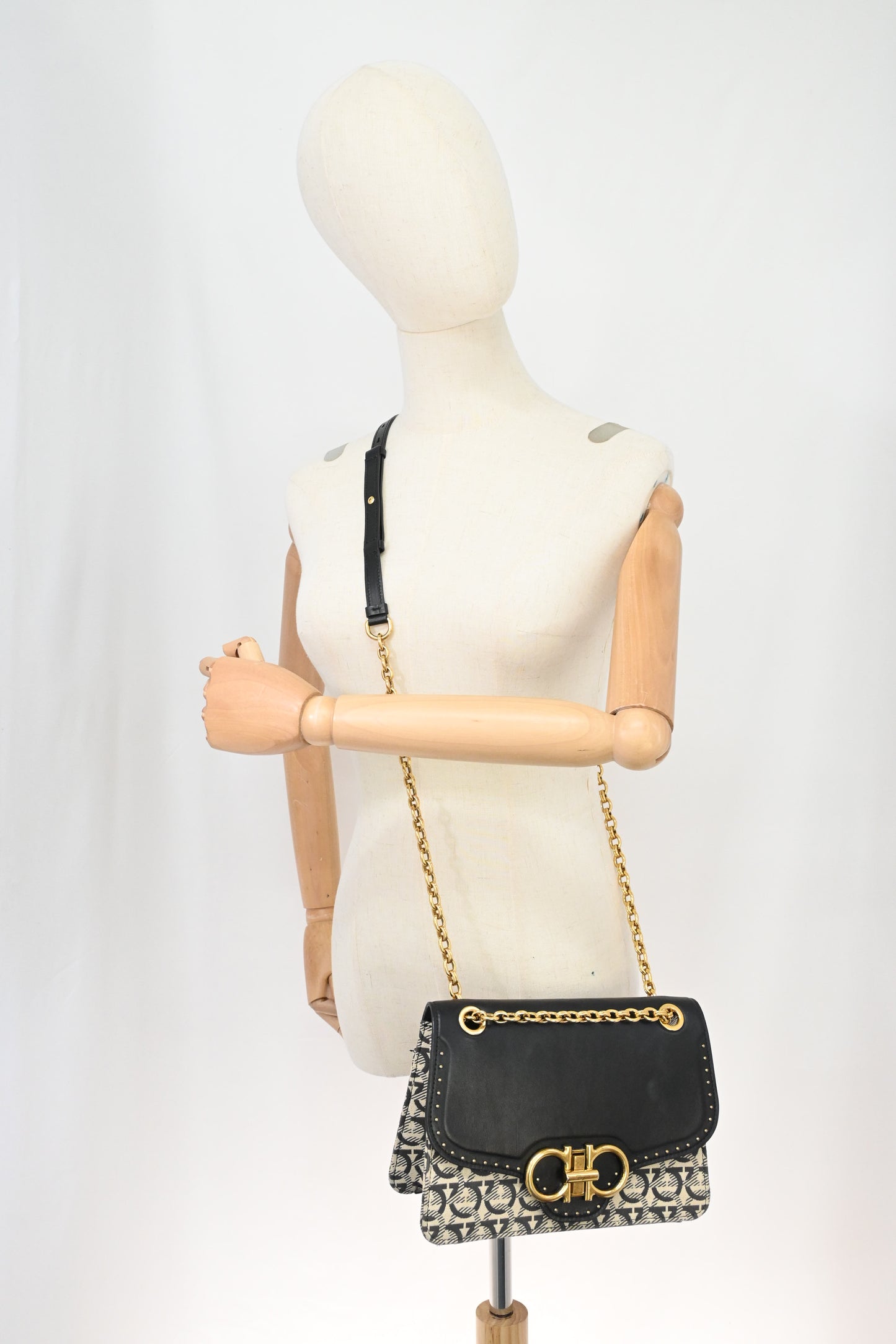 Ferragamo Two Way Bag in Black and White Canvas and Leather