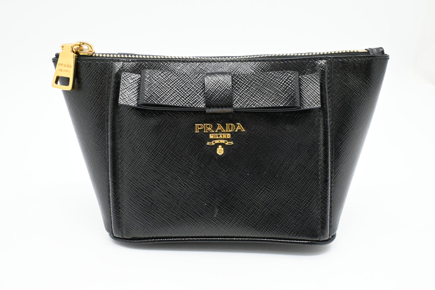 Prada Bow Pouch in Black Patent Saffiano Leather