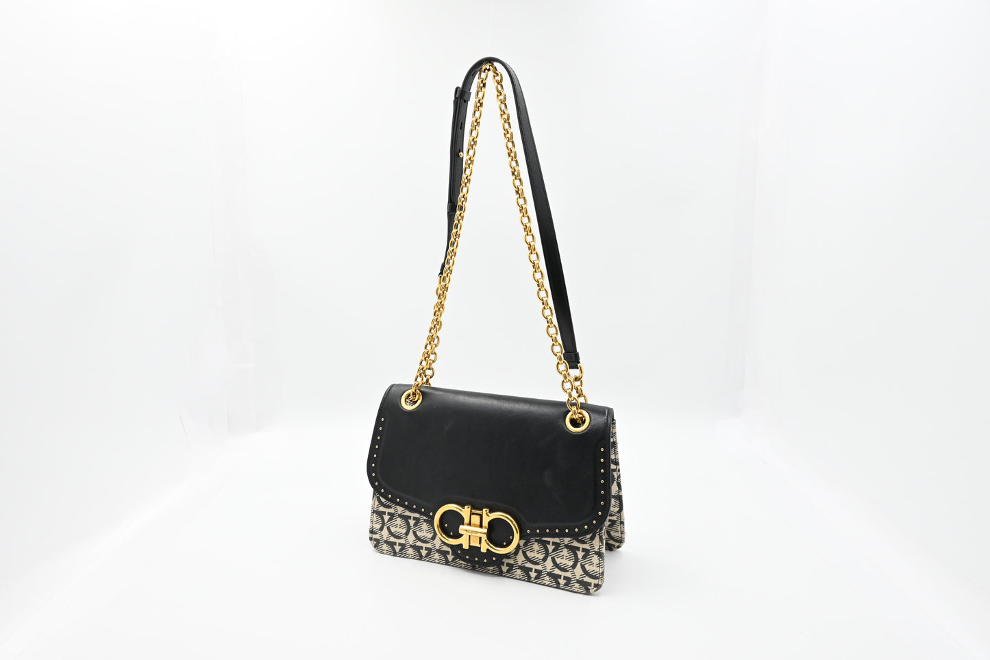 Ferragamo Two Way Bag in Black and White Canvas and Leather