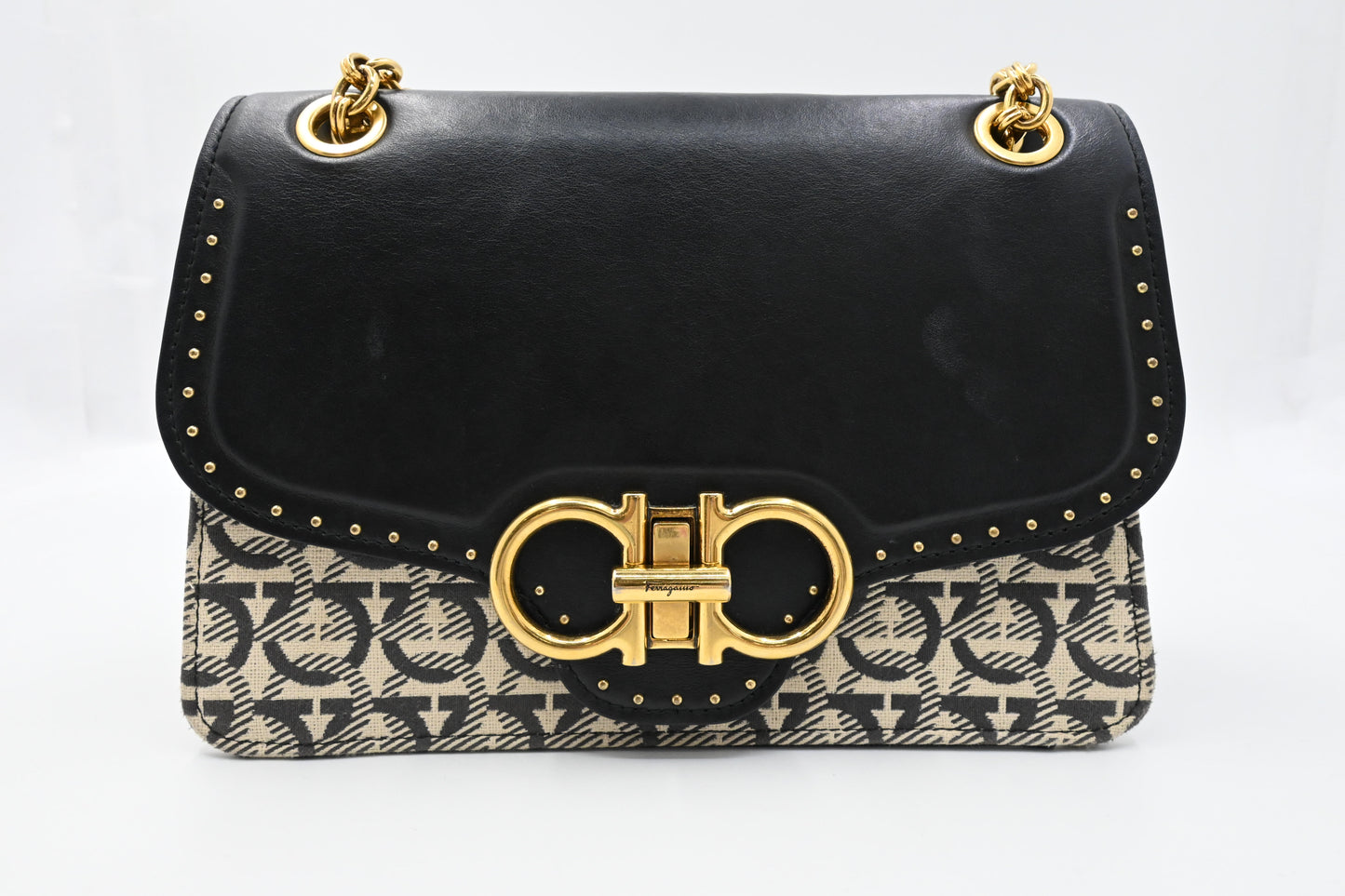 Ferragamo Two Way Bag in Black and White Canvas and Leather