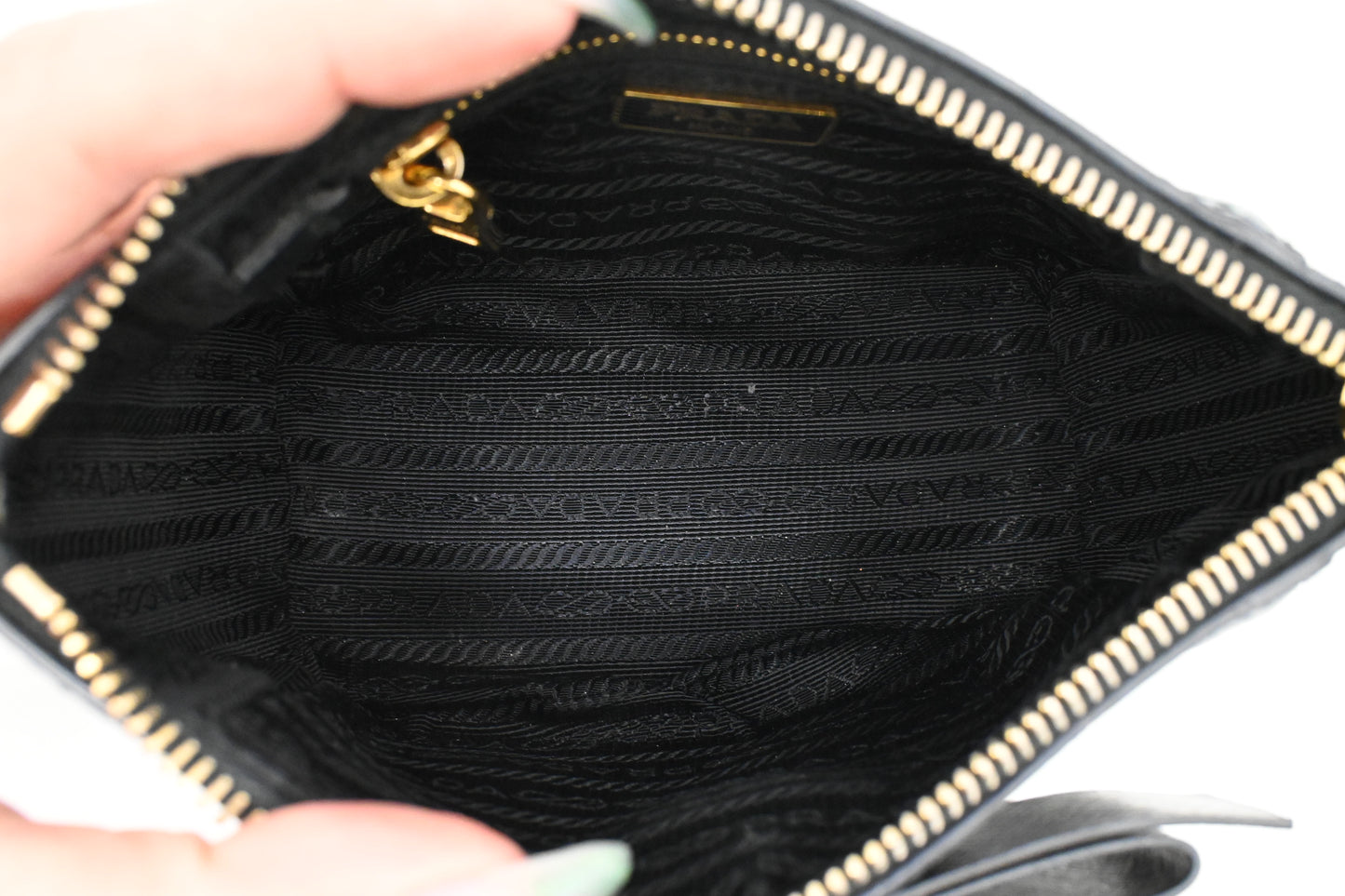 Prada Bow Pouch in Black Patent Saffiano Leather