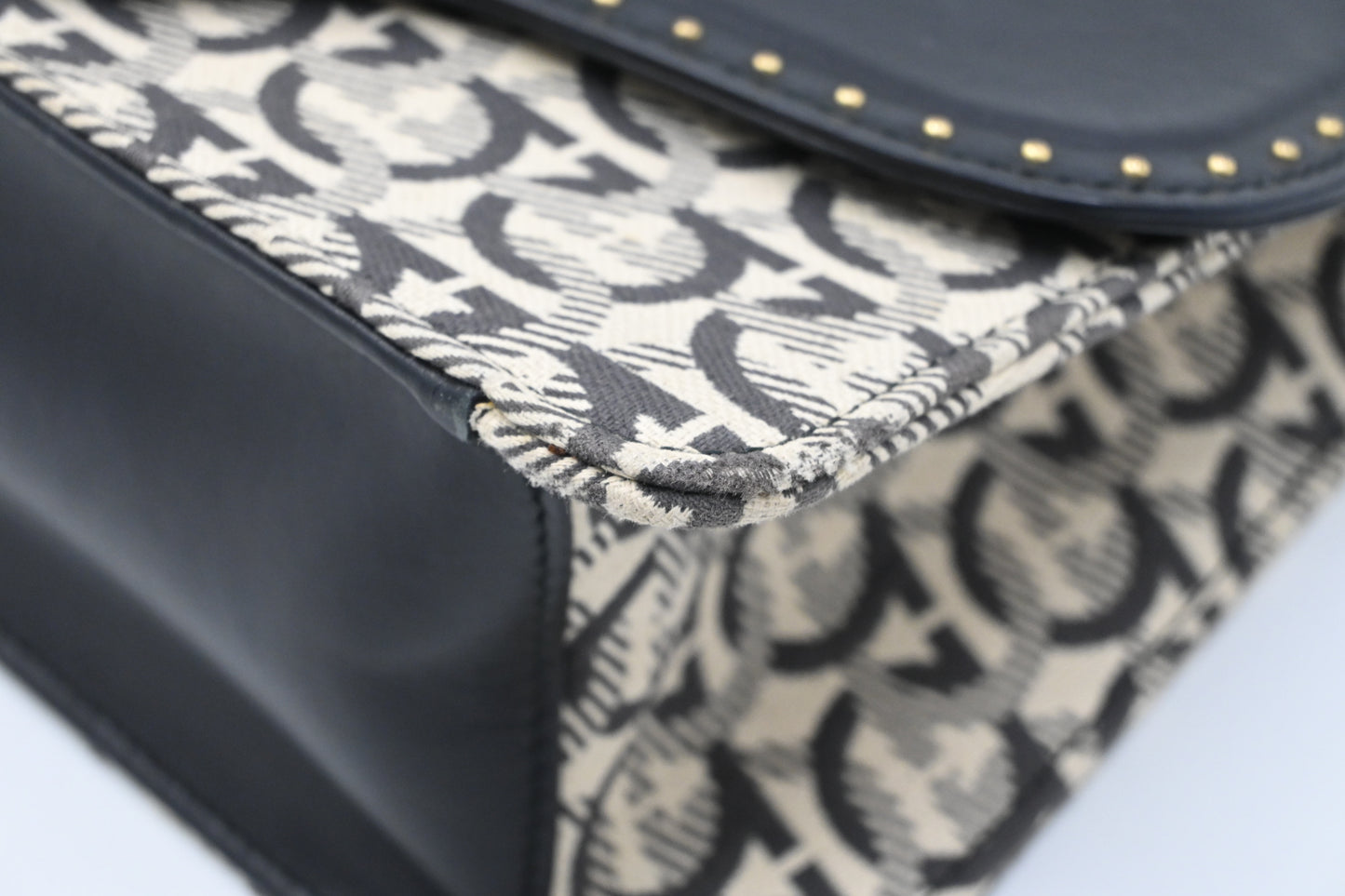 Ferragamo Two Way Bag in Black and White Canvas and Leather