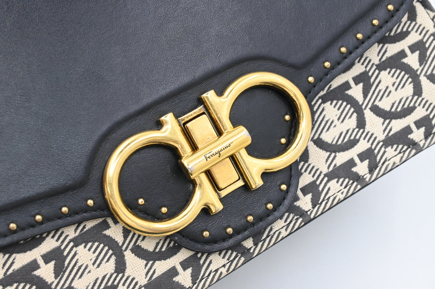 Ferragamo Two Way Bag in Black and White Canvas and Leather