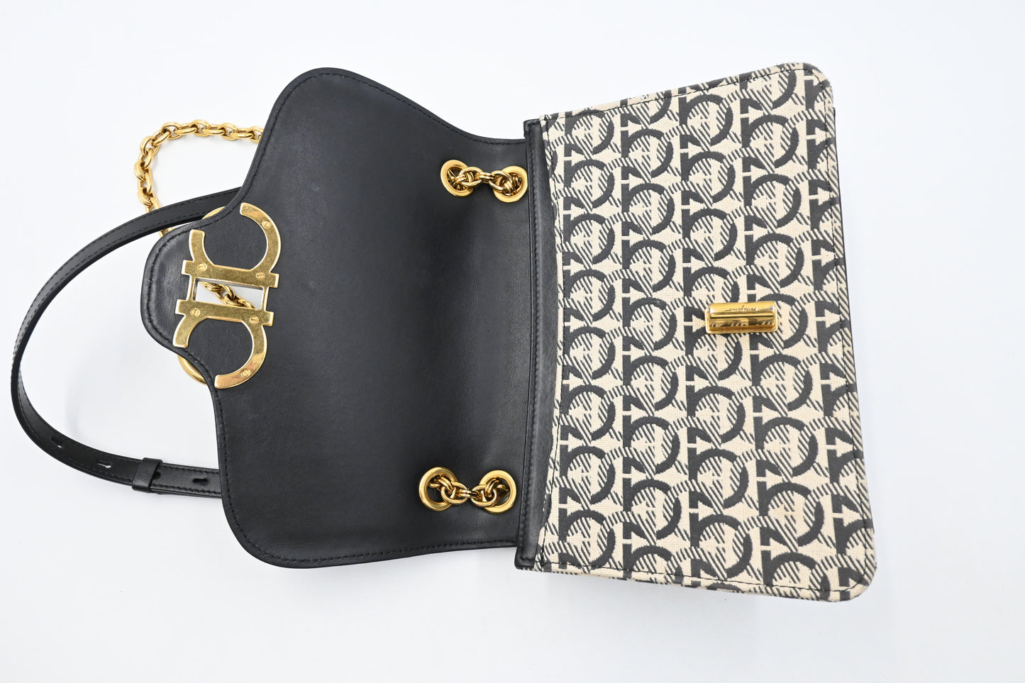 Ferragamo Two Way Bag in Black and White Canvas and Leather