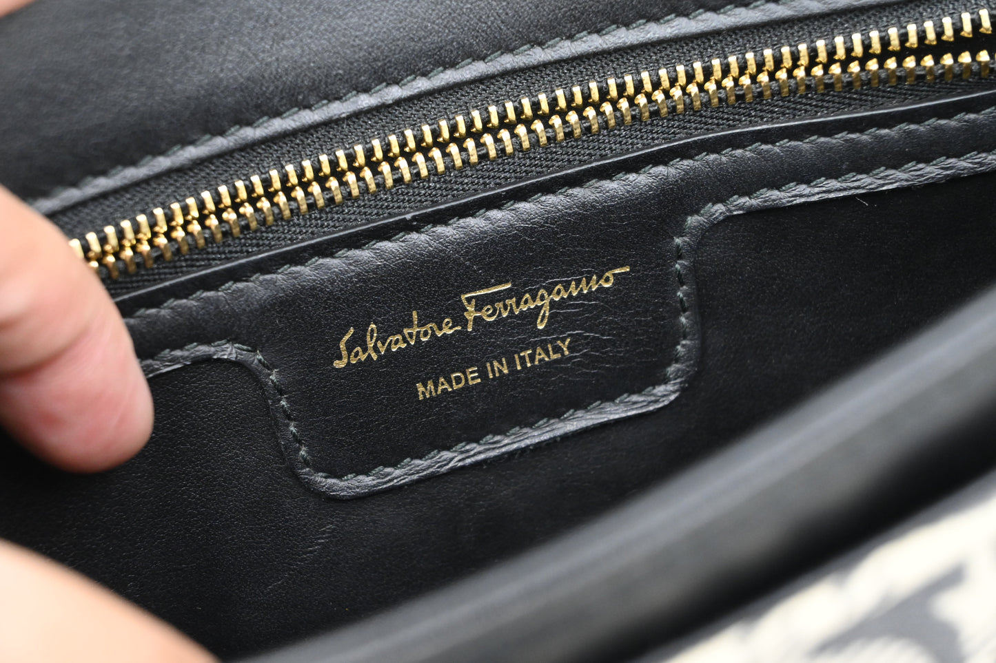 Ferragamo Two Way Bag in Black and White Canvas and Leather