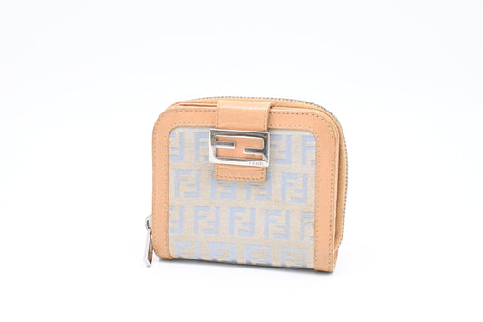 Fendi Compact Wallet in Beige and Blue Zucchino Canvas