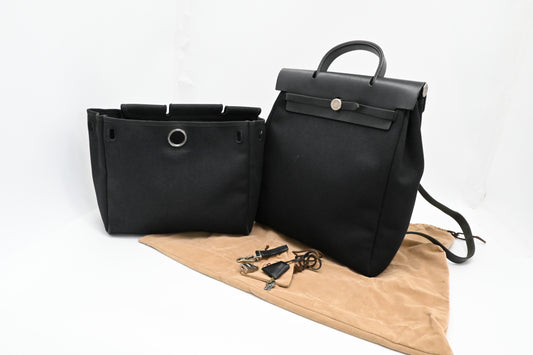 Hermes Toile Herbag A Dos PM Backpack in Black Canvas