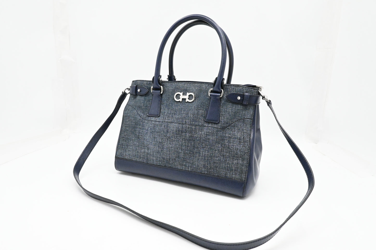 Ferragamo Two Way Bag in Blue Canvas and Leather