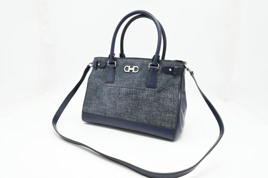 Ferragamo Two Way Bag in Blue Canvas and Leather
