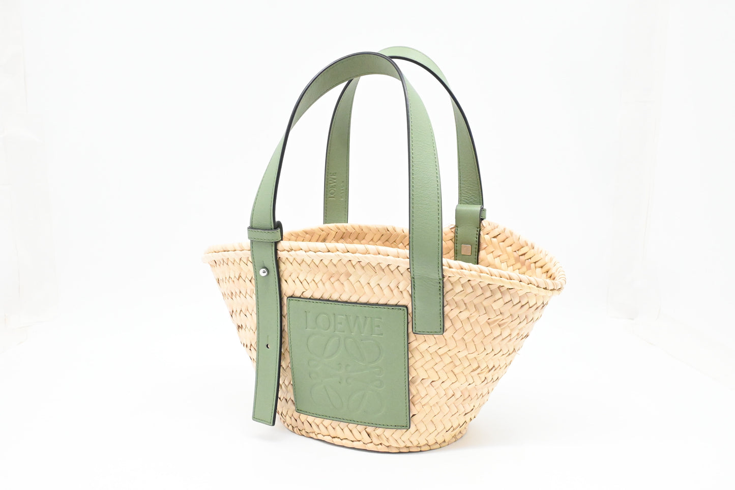 Loewe Basket Bag in Raffia and Green Calfskin