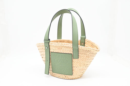 Loewe Basket Bag in Raffia and Green Calfskin