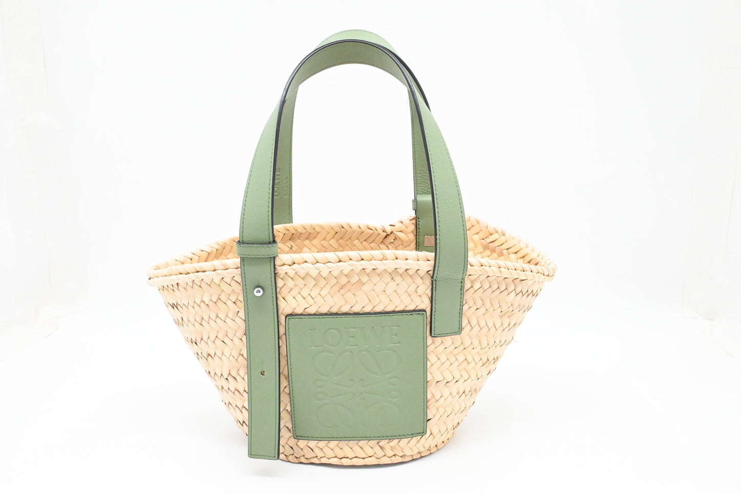 Loewe Basket Bag in Raffia and Green Calfskin