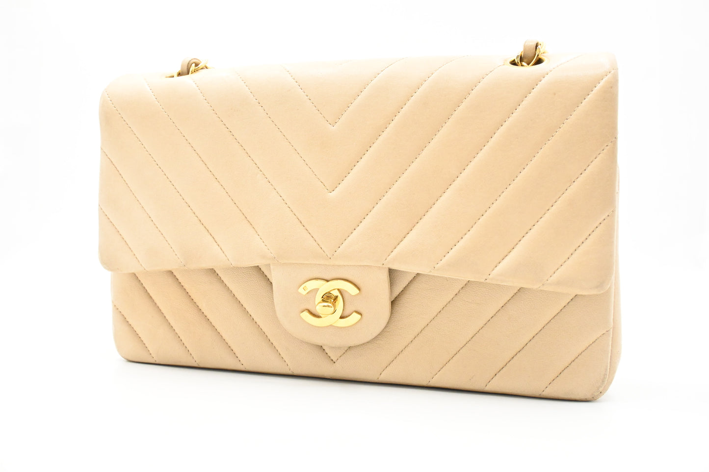 Chanel Medium Double Flap in Beige Chevron Leather