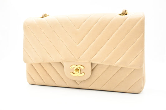 Chanel Medium Double Flap in Beige Chevron Leather