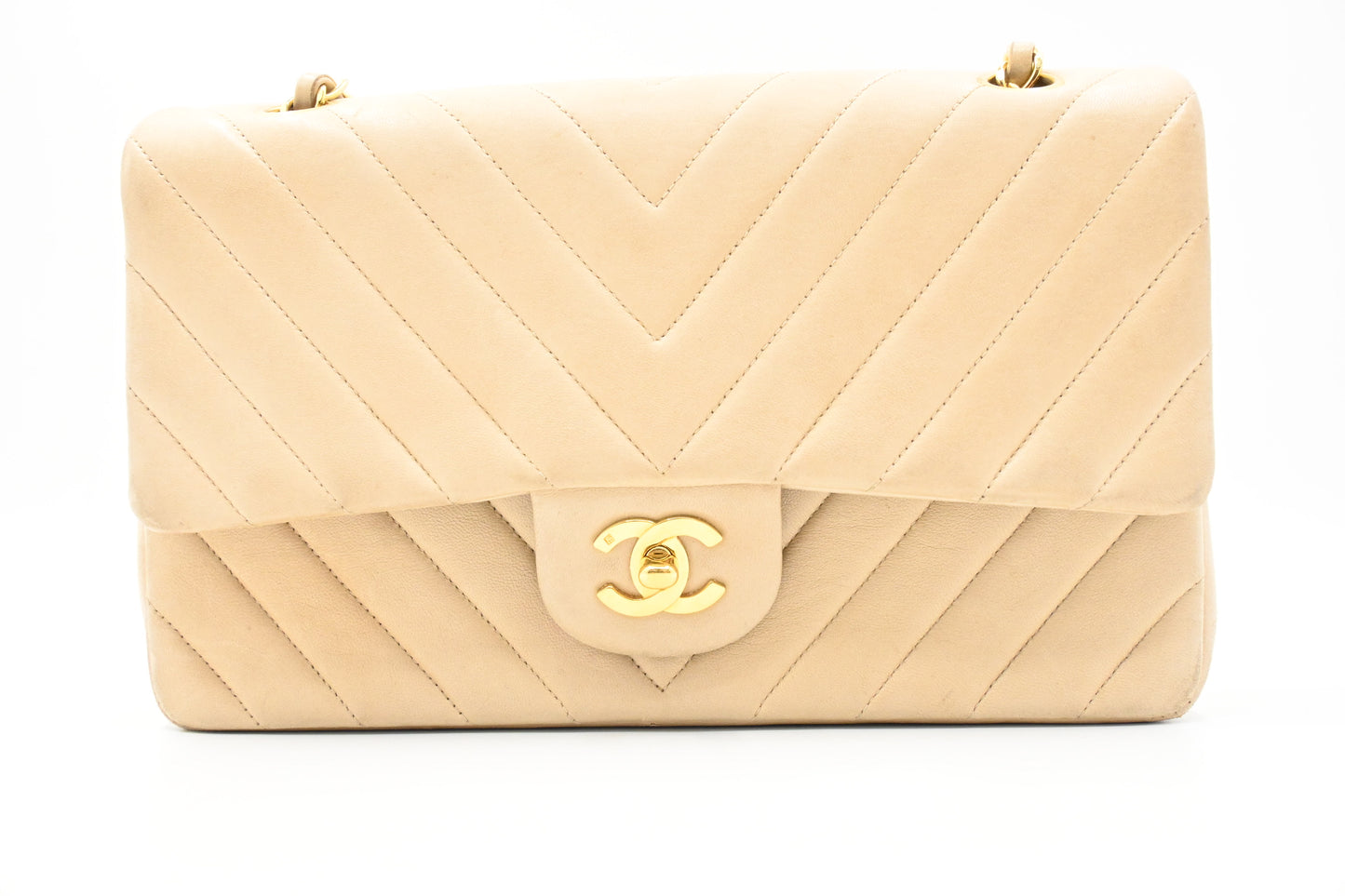 Chanel Medium Double Flap in Beige Chevron Leather