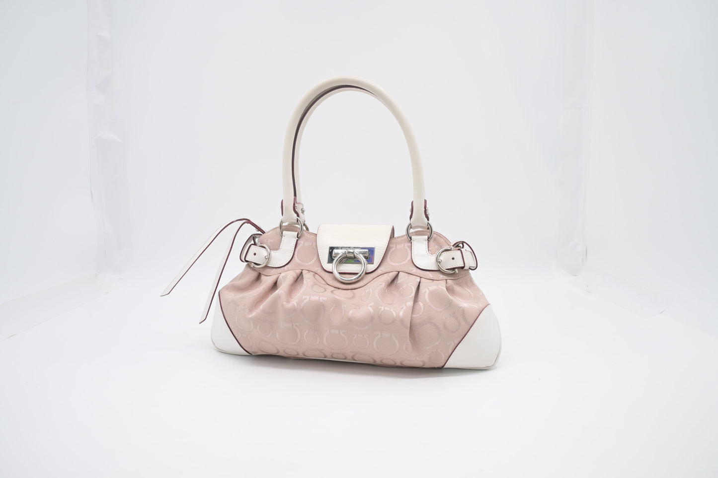 Ferragamo Gancini Shoulder Bag in Pink Canvas and White Leather