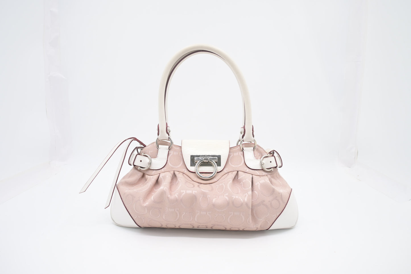 Ferragamo Gancini Shoulder Bag in Pink Canvas and White Leather