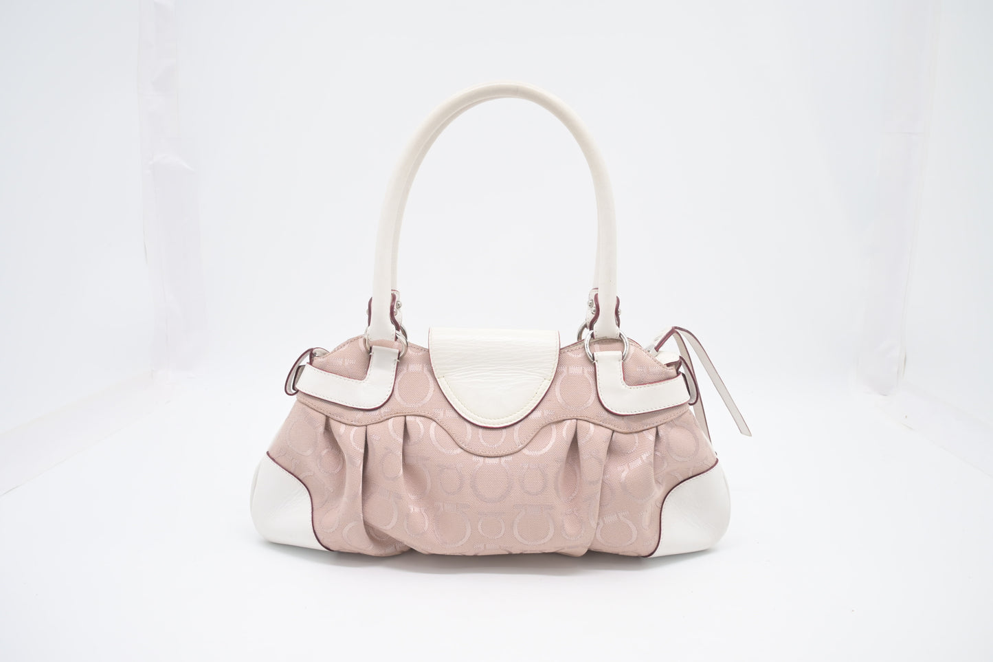 Ferragamo Gancini Shoulder Bag in Pink Canvas and White Leather
